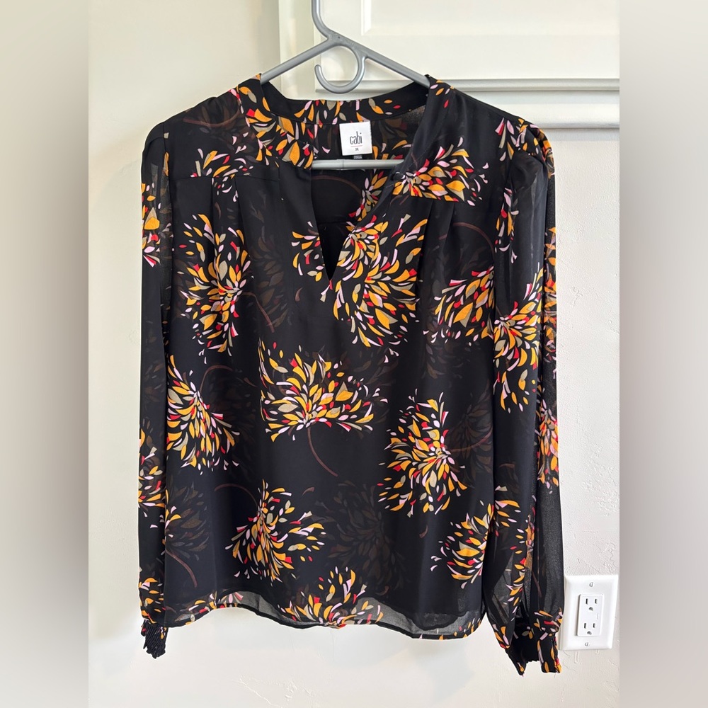 CAbi Black Top with Orange and Yellow Floral Design